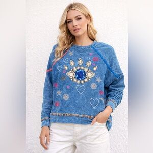Lauren Moshi Custom Alana Blue Mineral Wash Embellished Medallion Sweatshirt OS